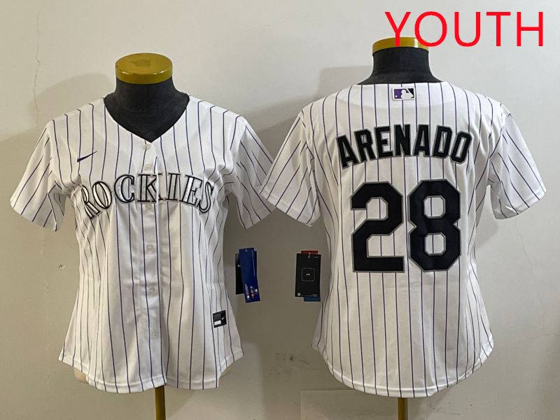 Youth Colorado Rockies 28 Arenado White Stripe Game 2025 Nike MLB Jersey style 1